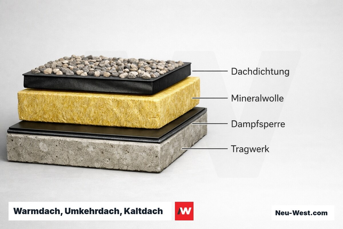 Warmdach, Umkehrdach, Kaltdach — Schichtfolge und Taupunktlage – Erklär-Grafik (NEUWEST Berlin)