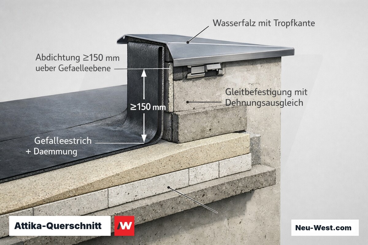 Bauteil-Querschnitt einer Attika mit Abdichtungsanschluss über Gefälleebene, Dämmaufbau, Metallabdeckung mit Wasserfalz und gleitender Befestigung.