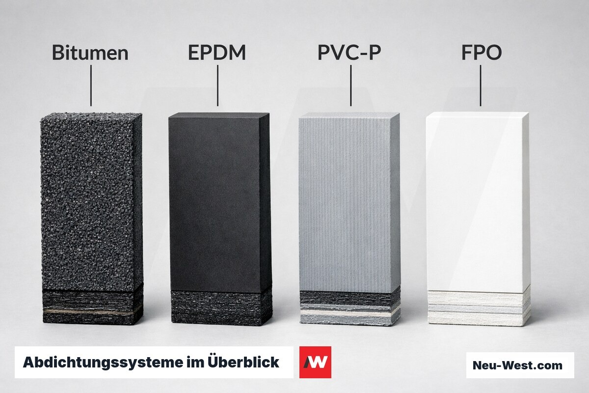 Abdichtungssysteme im Überblick: Bitumen, EPDM, PVC-P, FPO – Erklär-Grafik (NEUWEST Berlin)