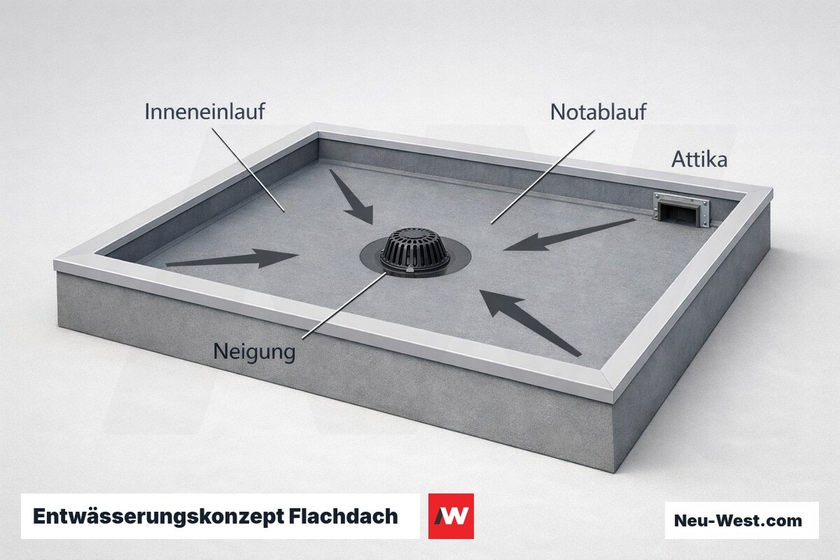 Entwässerungskonzept Flachdach: Einlauf, Notablauf und Neigung – Erklär-Grafik (NEUWEST Berlin)