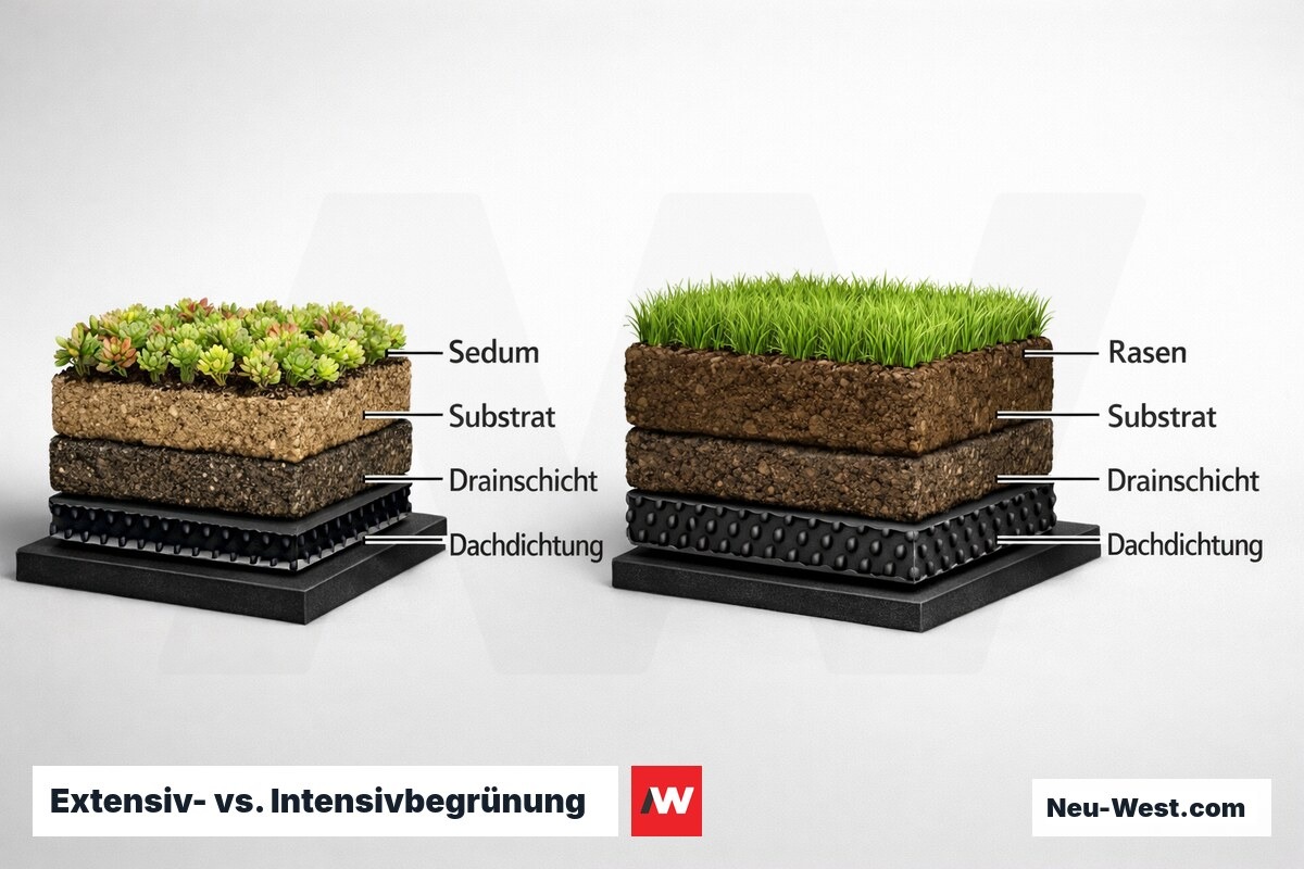 Extensiv- vs. Intensivbegrünung: FLL-Schichtaufbau und Auflasten – Erklär-Grafik (NEUWEST Berlin)