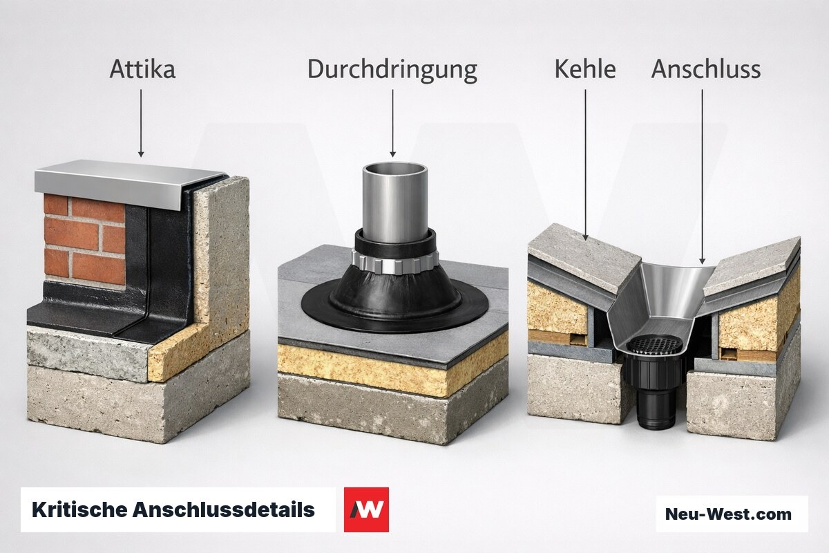 Kritische Anschlussdetails: Attika, Dachdurchdringung, Kehle – Erklär-Grafik (NEUWEST Berlin)