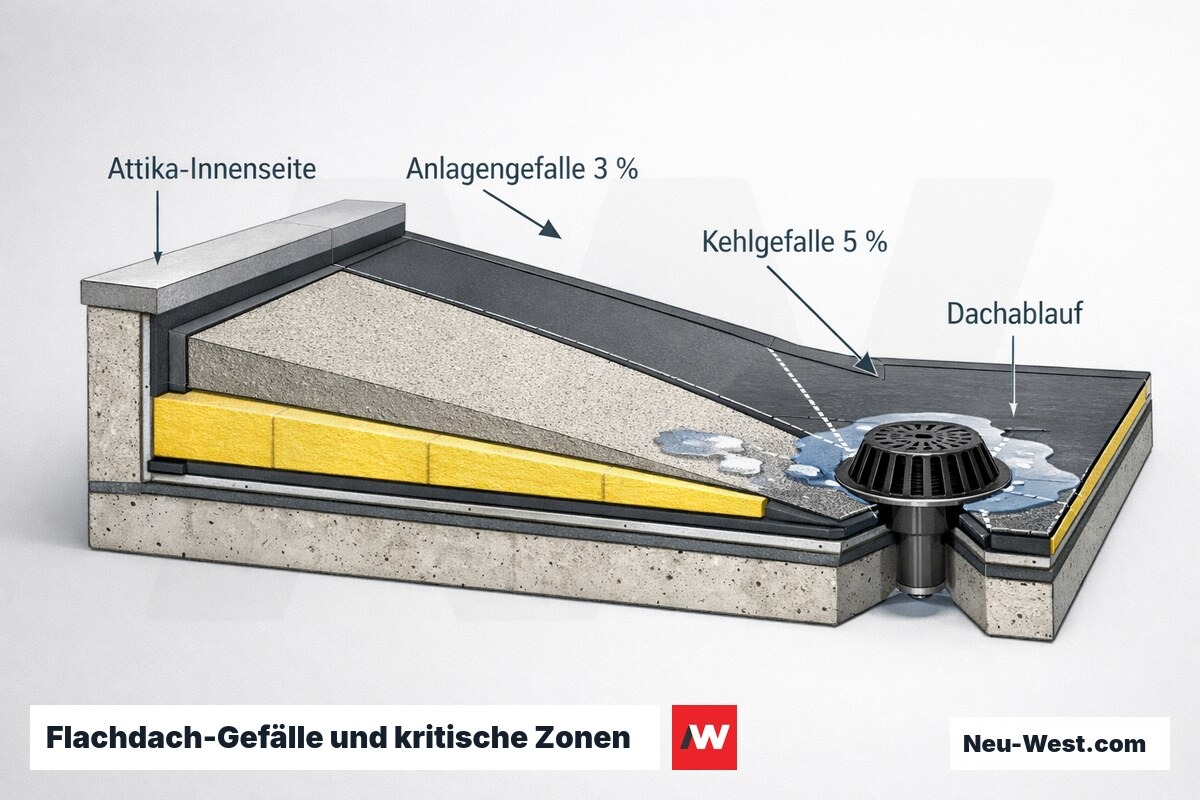 Querschnitt eines Flachdachs mit 3 % Anlagengefälle, 5 % Kehlgefälle, Attika-Innenseite und Dachablauf als kritische Stauzonen.