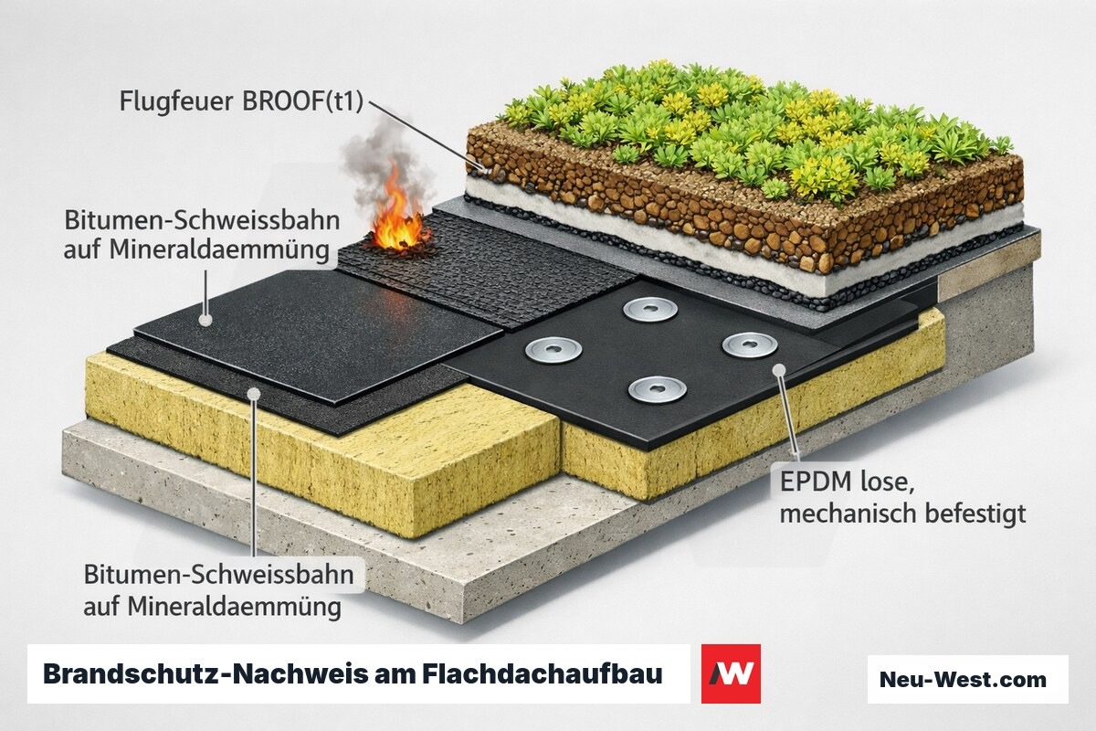 Querschnitt Flachdach: Bitumen auf Mineraldämmung, lose EPDM mit Befestigern, Gründach-Substrat und Flugfeuer-Test zur BROOF(t1)-Klassifizierung.