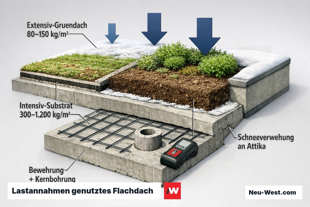 Querschnitt eines genutzten Flachdachs: Extensiv- und Intensiv-Gründach auf Stahlbetondecke, Bewehrungsscanner, Kernbohrung und Schneestaulast an der Attika.