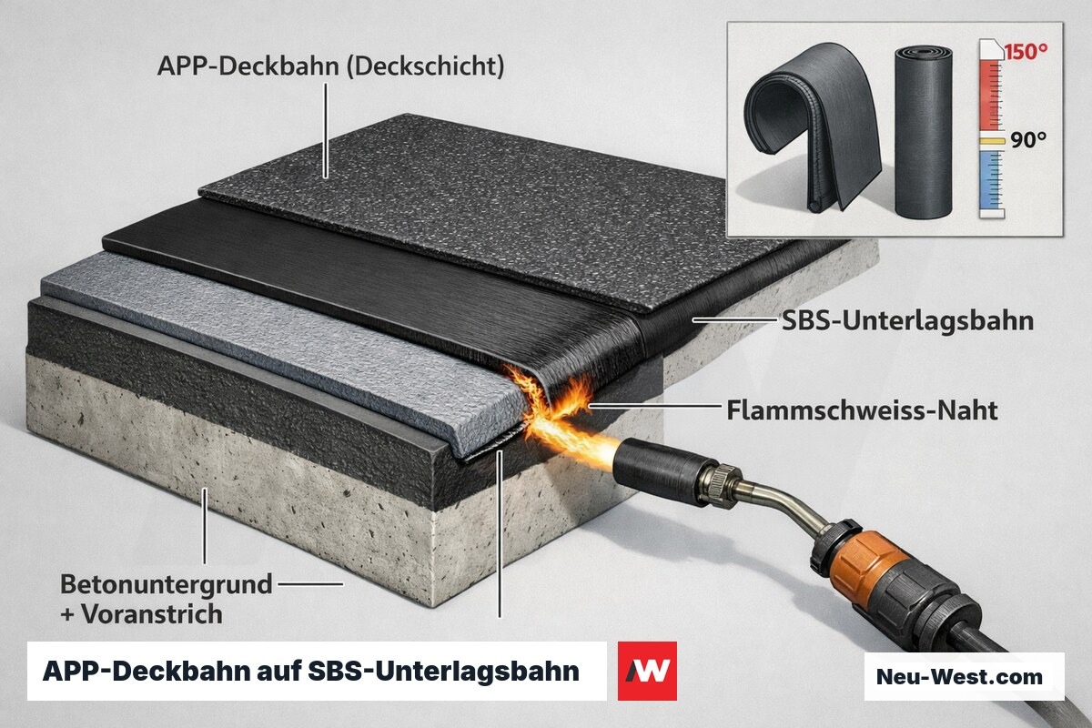 Querschnitt eines Flachdach-Aufbaus mit SBS-Unterlagsbahn und flammgeschweißter APP-Deckbahn, inklusive Vergleich der Kälteflexibilität und Erweichungspunkte.