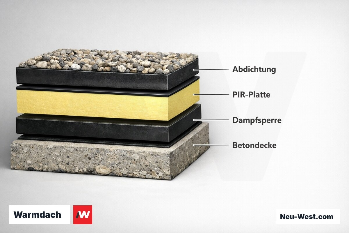 Warmdach – Schichtfolge und Taupunktlage – Erklär-Grafik (NEUWEST Berlin)