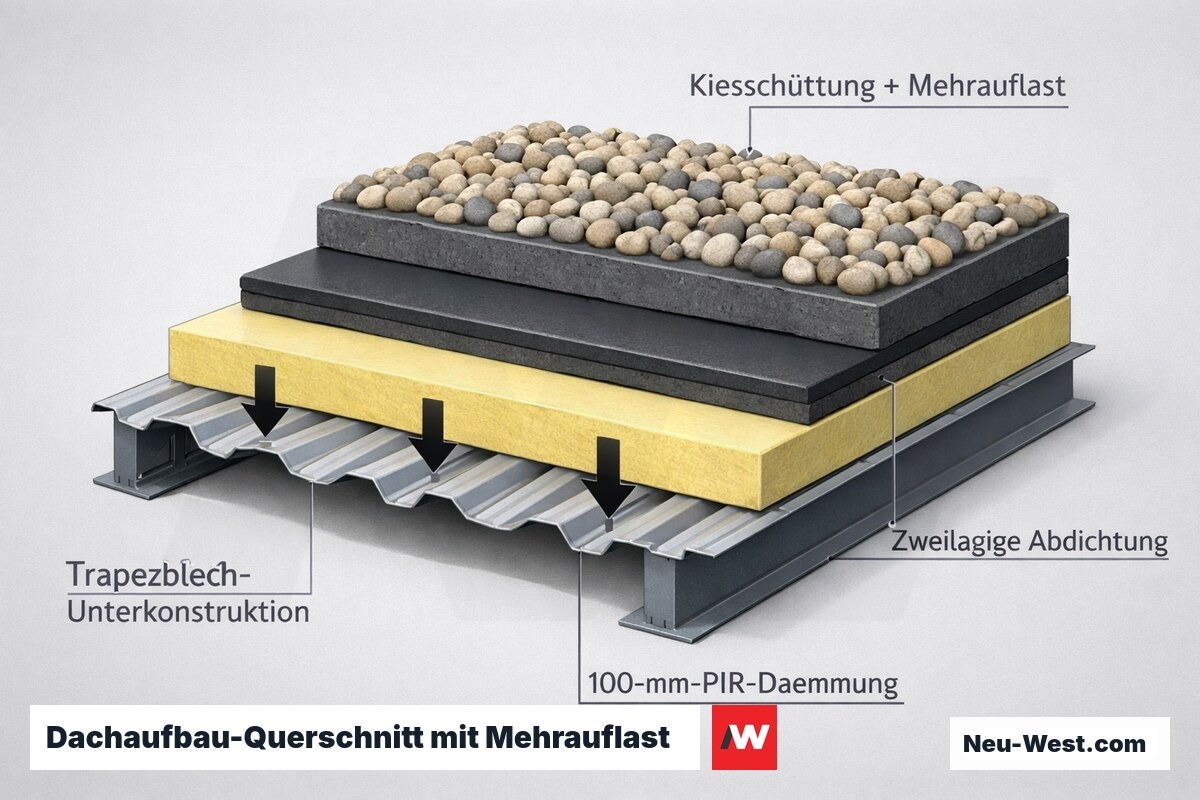 Querschnitt eines Flachdachaufbaus: Trapezblech, 100-mm-PIR-Dämmung, zweilagige Abdichtung und Kiesschüttung mit Lastpfeilen zur statischen Mehrauflast.