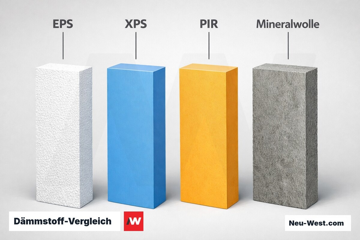 Dämmstoff-Vergleich: λ-Wert, Druckfestigkeit und Wasseraufnahme – Erklär-Grafik (NEUWEST Berlin)
