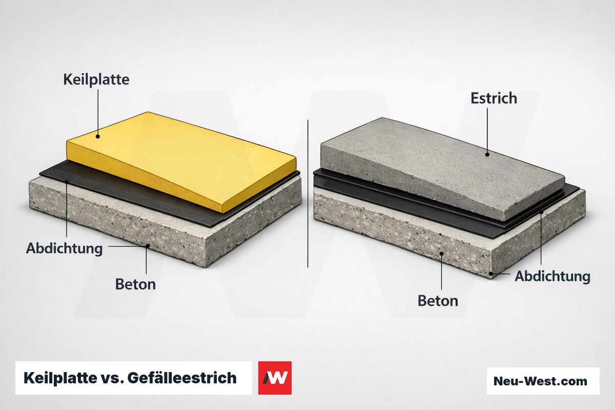 Keilplatte vs. Gefälleestrich: Bauhöhe und Eigengewicht – Erklär-Grafik (NEUWEST Berlin)