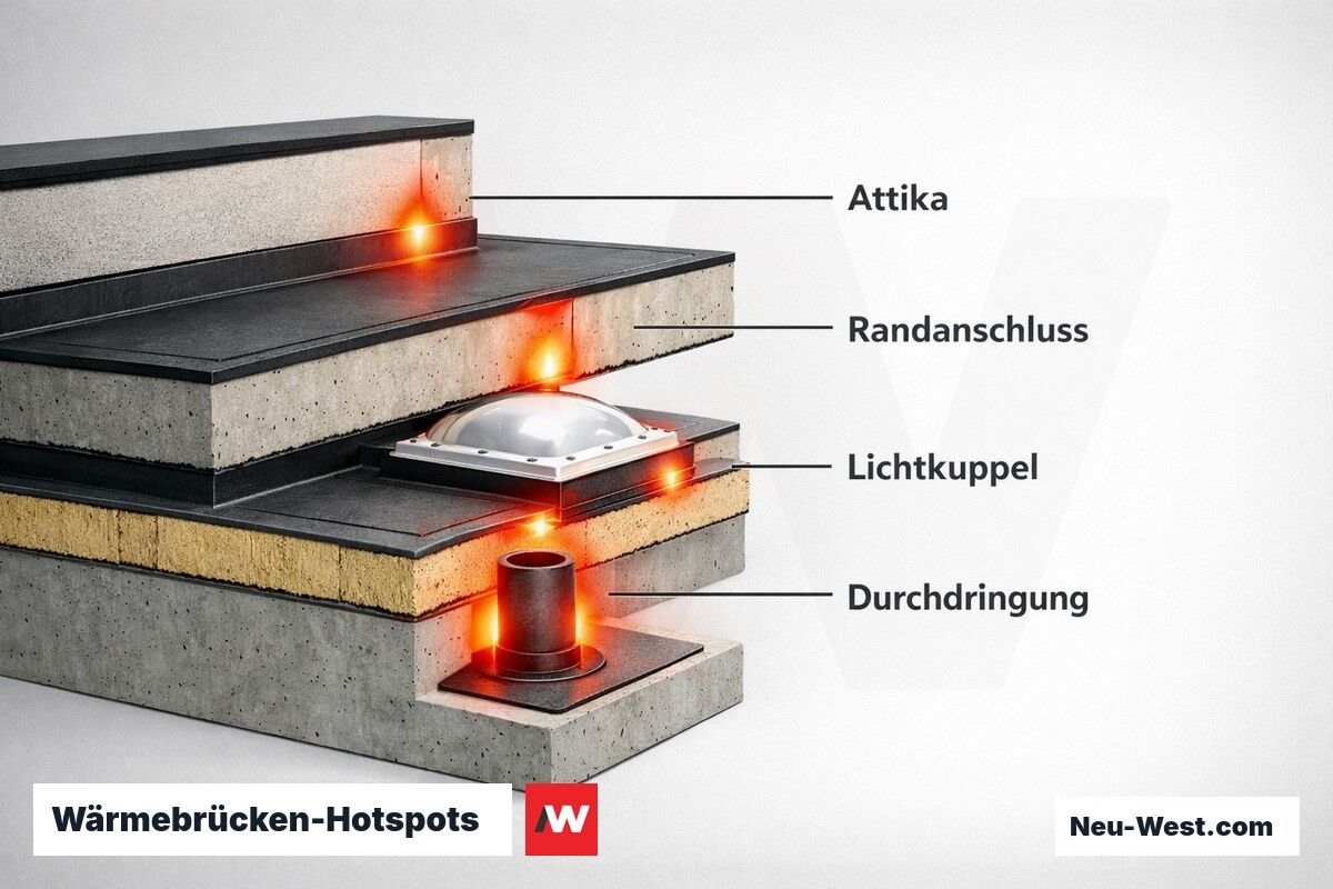 Wärmebrücken-Hotspots: Attika, Durchdringungen, Lichtkuppeln – Erklär-Grafik (NEUWEST Berlin)
