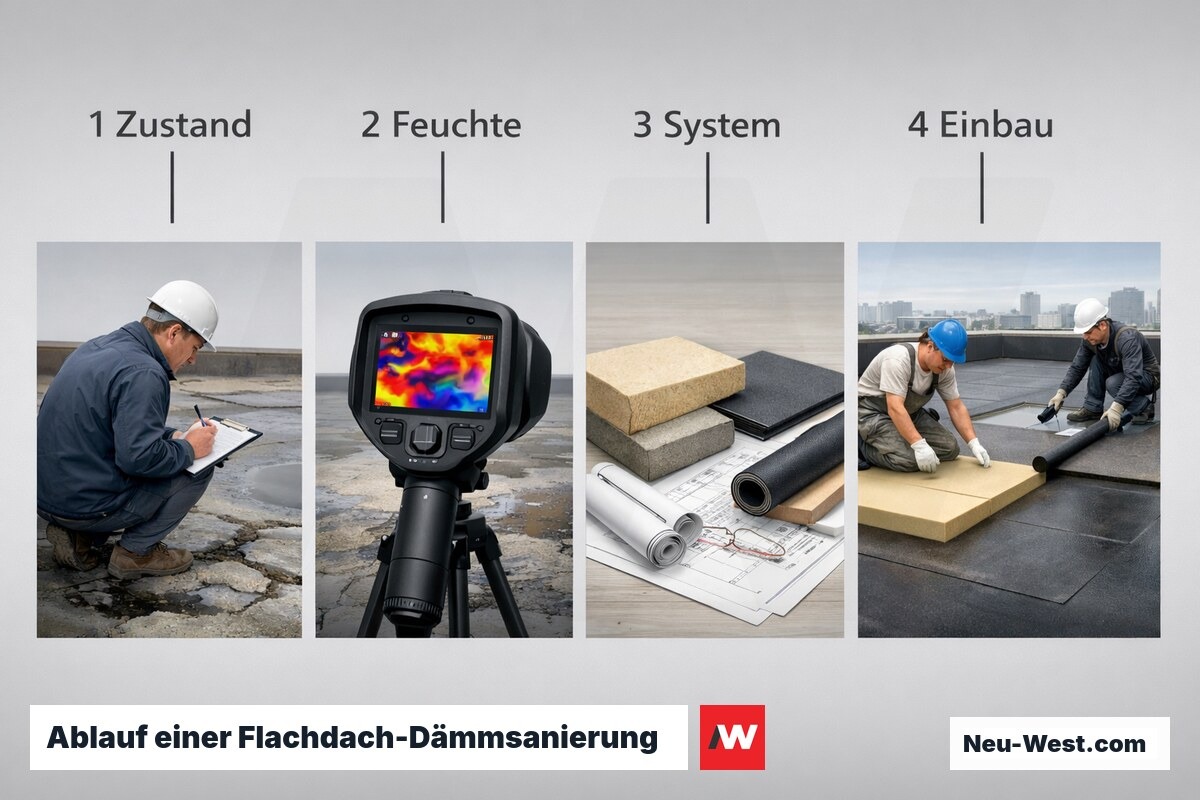 Ablauf einer Flachdach-Dämmsanierung: 4 Kernphasen – Erklär-Grafik (NEUWEST Berlin)