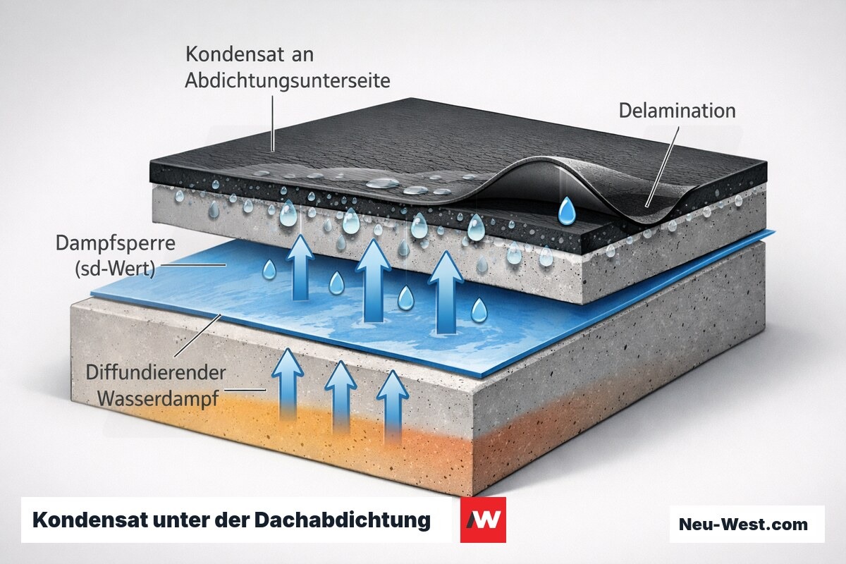 Cutaway-Detail: Wasserdampf diffundiert durch eine Dampfsperre mit zu niedrigem sd-Wert und kondensiert an der Abdichtungsunterseite, wodurch Delamination entsteht.
