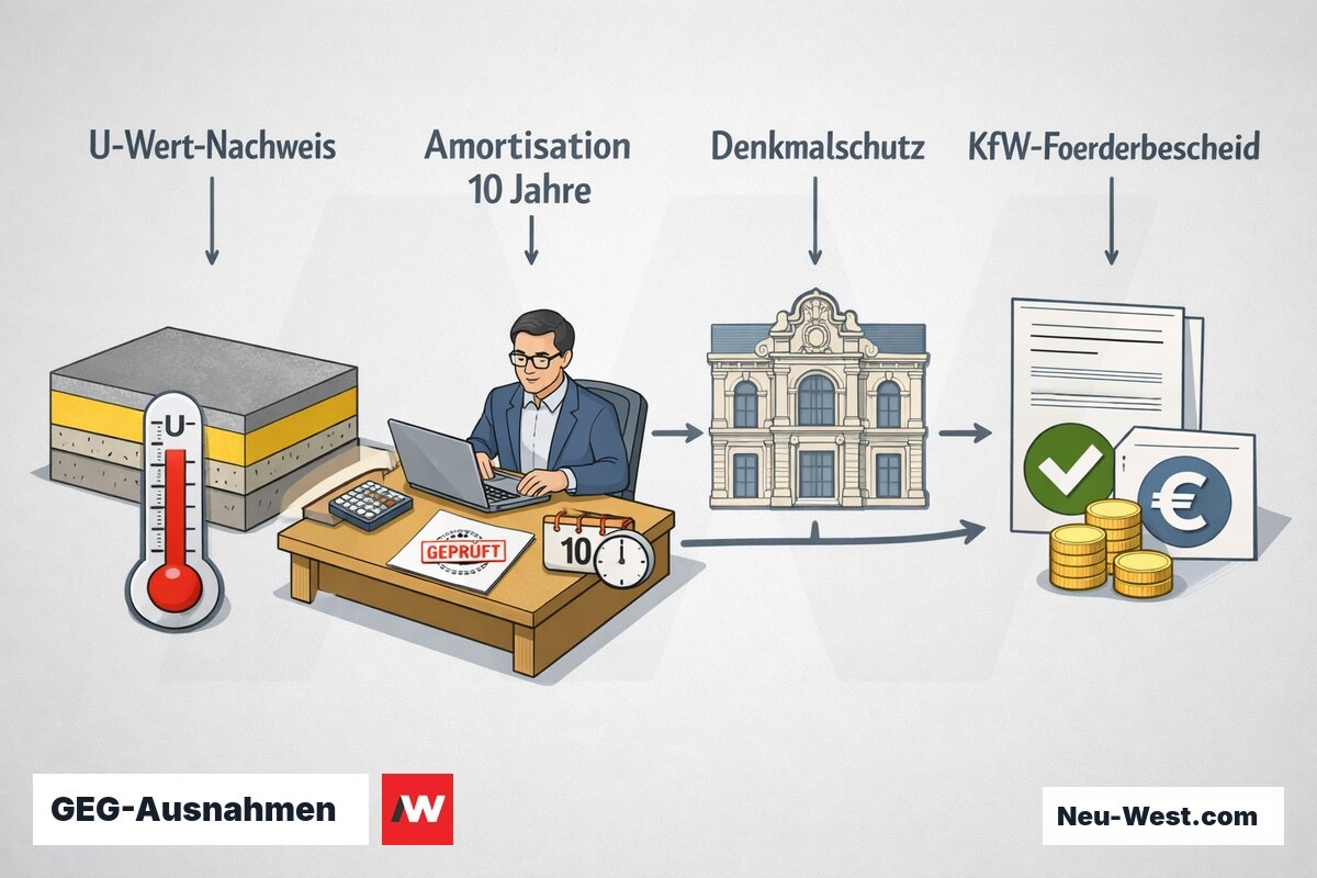 Ablaufgrafik der GEG-Ausnahmen beim Flachdach: U-Wert-Nachweis, 10-Jahre-Amortisation und Denkmalschutz, geprüft durch Energieberater für KfW-Förderung.