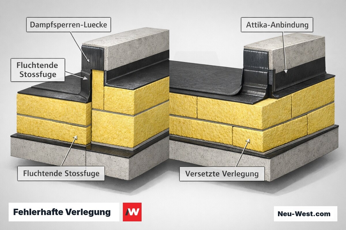 Querschnitt Flachdach: fluchtende gegen versetzte Dämmplatten und undichte gegen korrekte Dampfsperren-Anbindung an der Attika.