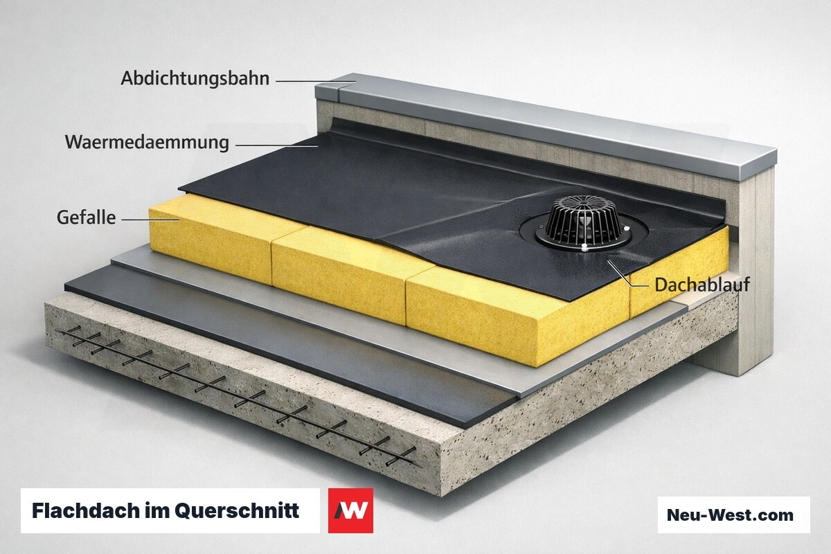 Querschnitt eines Flachdachs mit Betondecke, Wärmedämmung, Abdichtungsbahn, Gefälle und innenliegendem Dachablauf am Attika-Rand.