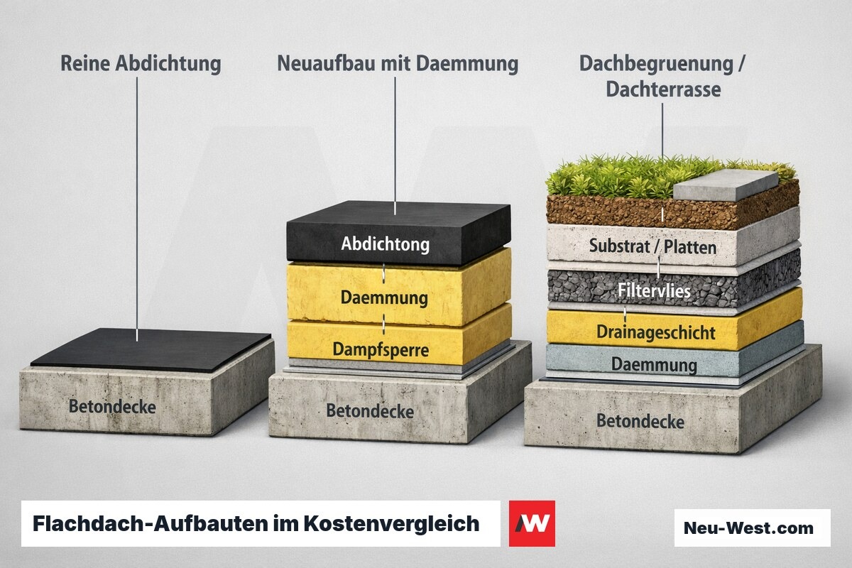 Vergleichende Querschnitte dreier Flachdach-Aufbauten von reiner Abdichtung über Neuaufbau mit Dämmung bis Dachbegrünung und Dachterrasse.