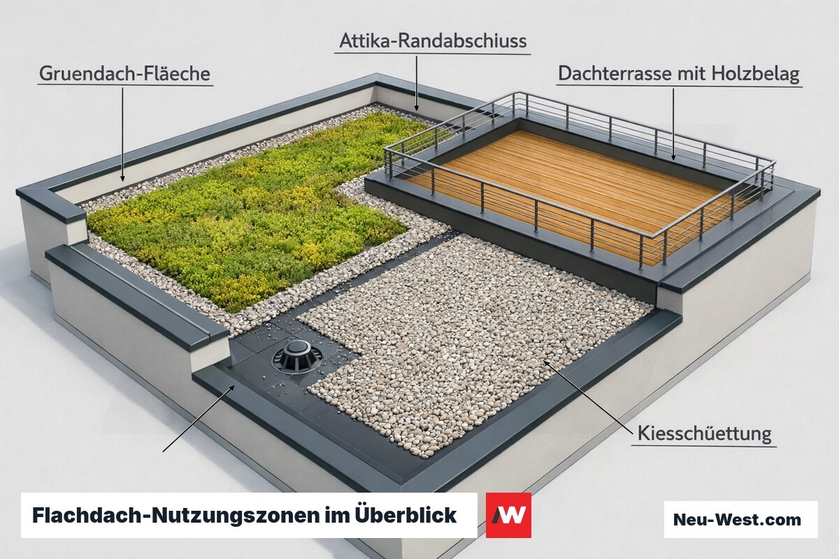 Isometrische Übersicht eines Flachdachs mit Gründach, Dachterrasse, Kiesfläche und umlaufender Attika zur Orientierung der Einsatzbereiche.