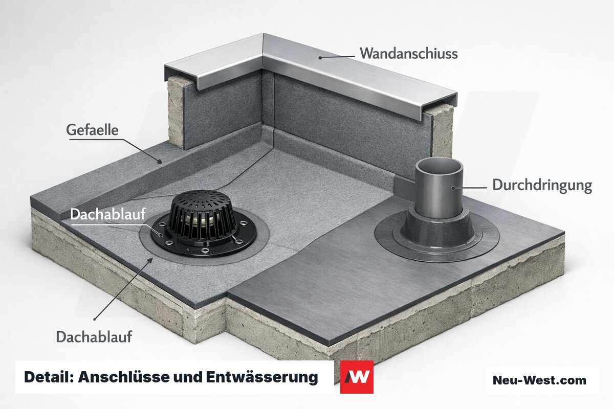 Detailschnitt einer Flachdachecke mit Gefälle, dichtem Wandanschluss, Dachablauf und abgedichteter Rohrdurchdringung.