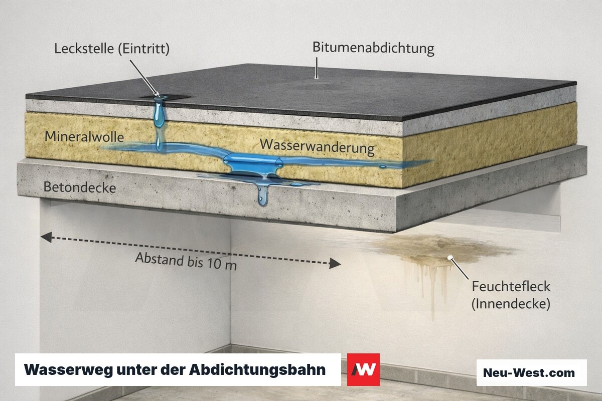 Schnittzeichnung Flachdachaufbau: Wasser tritt an Membrane ein, wandert horizontal durch Dämmung, erscheint Meter entfernt als Feuchtefleck an Innende