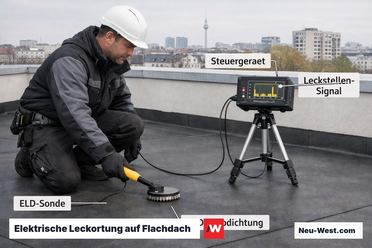 Dachdecker führt elektrische Leckortung mit ELD-Sonde über EPDM-Abdichtung durch, Steuergerät zeigt Messwerte an