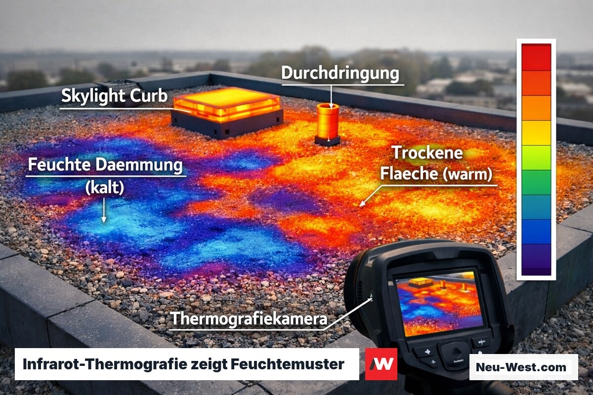 Thermografieaufnahme Flachdach: blaue Kälteflecken markieren nasse Dämmzonen, warme Bereiche zeigen intakte trockene Flächen