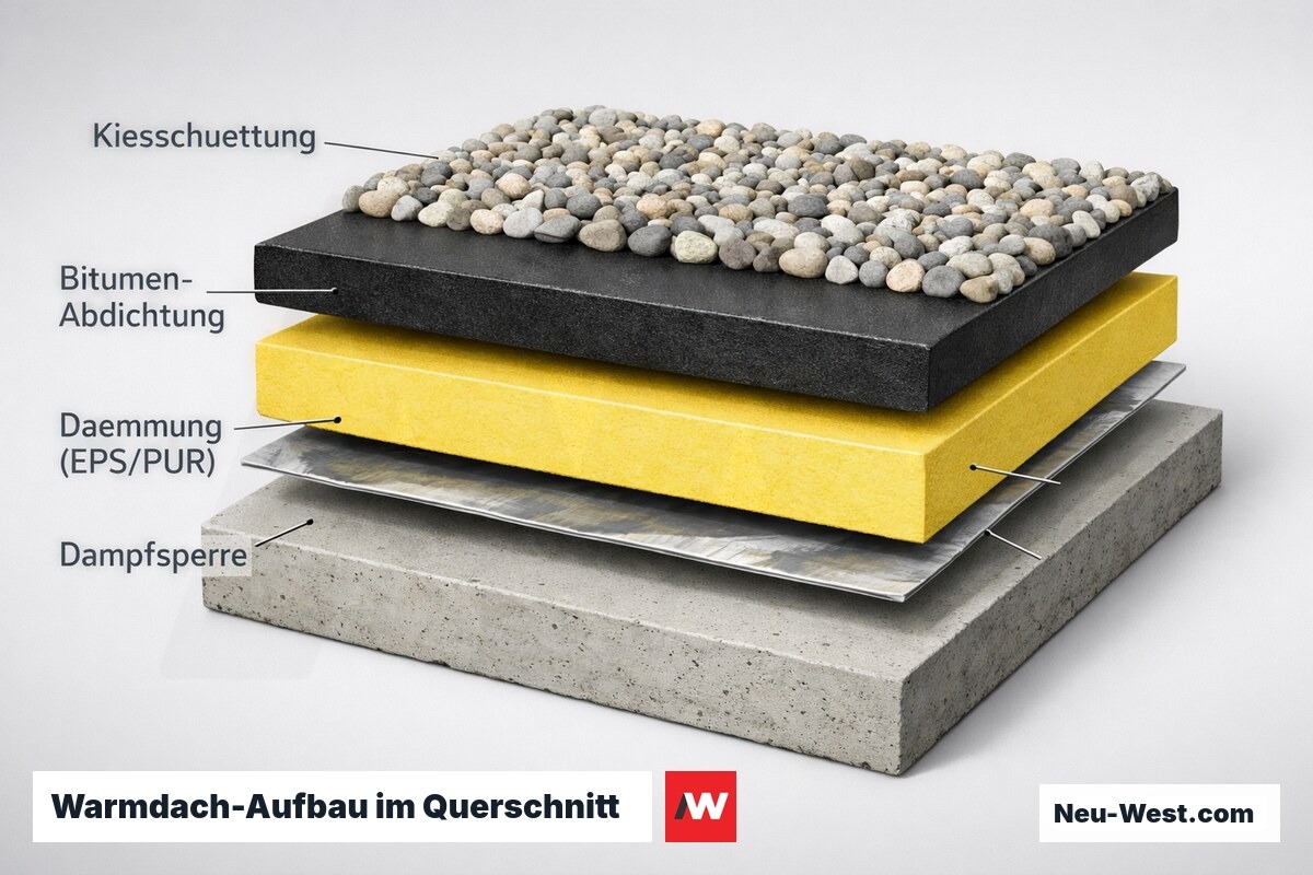 Querschnitt eines Warmdachs mit sichtbaren Schichten: Kiesschüttung, Bitumenabdichtung, Dämmung und Dampfsperre auf Betondecke.
