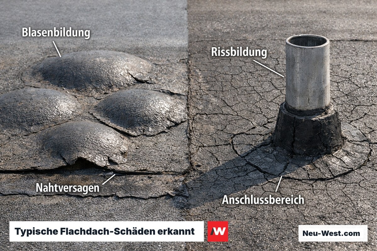 Nahaufnahme eines Flachdachs mit Blasenbildung und Rissbildung in der Bitumenabdichtung rund um einen Rohrdurchgang.