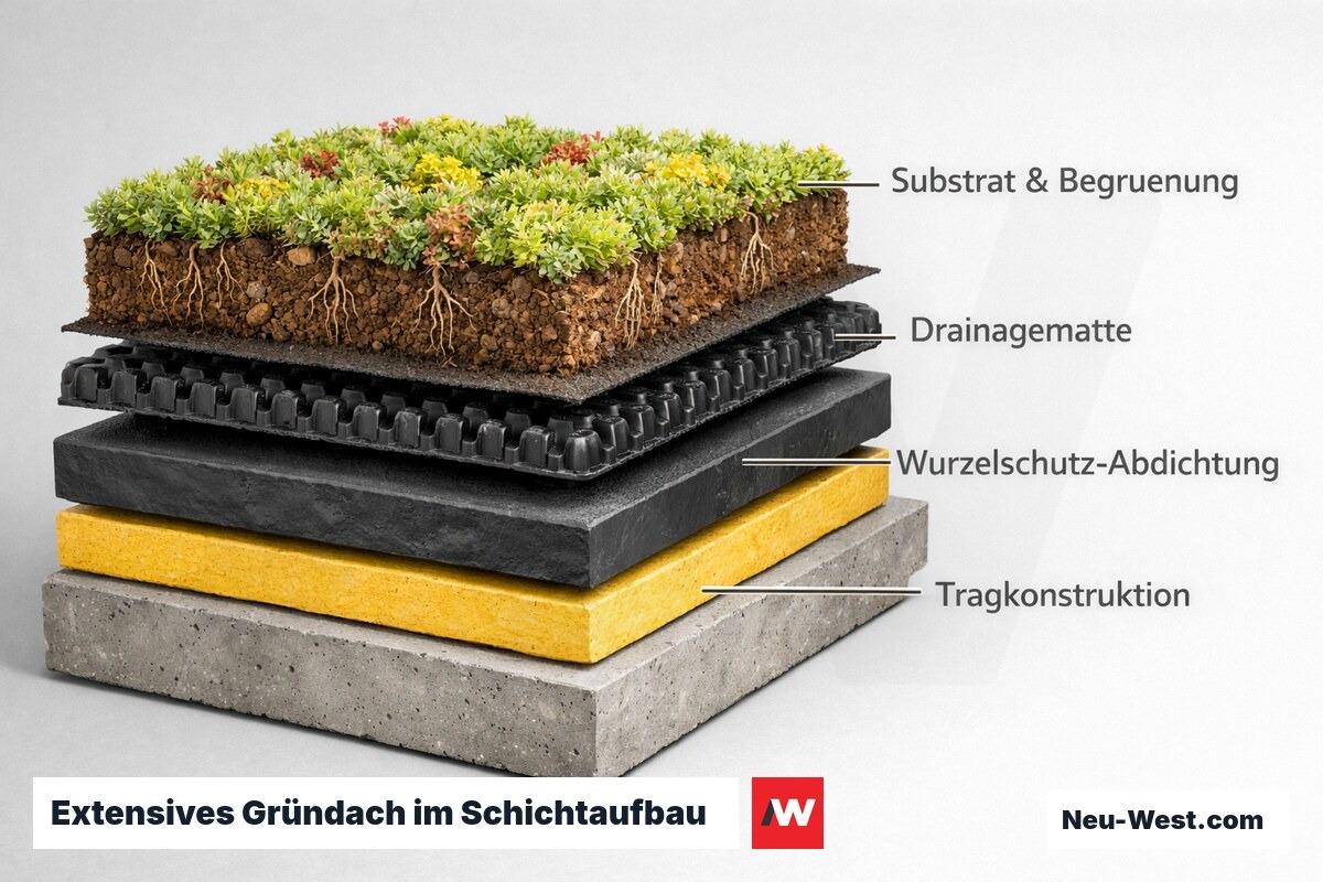 Querschnitt eines extensiven Gründachs mit Substrat, Drainagematte, wurzelfester Abdichtung und Betondecke als Träger.