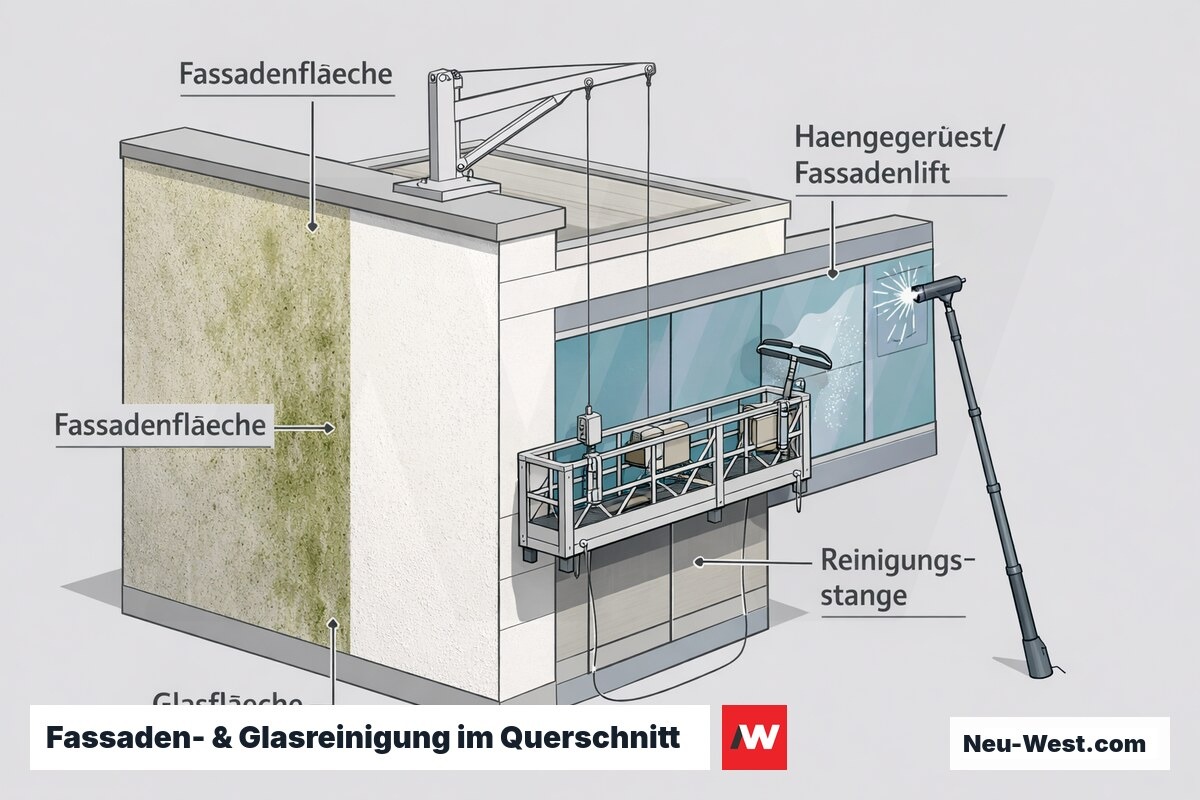 Querschnitt einer Gebäudefassade mit Fassadenfläche, Glasfläche, hängendem Fassadenlift und wassergeführter Reinigungsstange.