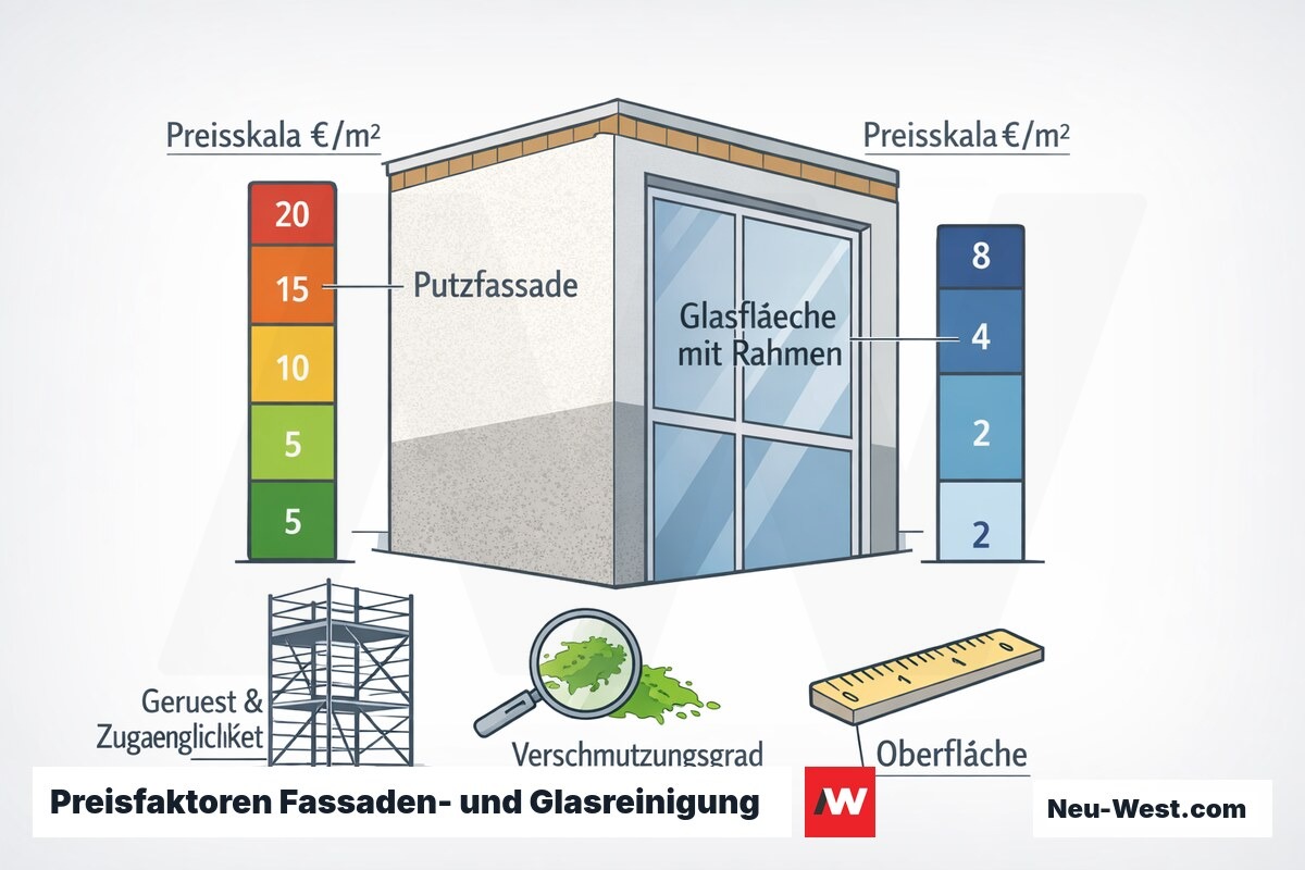 Querschnitt-Diagramm zeigt Putzfassade und Glasfläche mit Preisskalen pro Quadratmeter sowie Preistreiber wie Gerüst, Verschmutzung und Fläche.