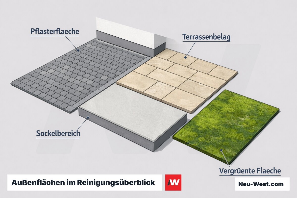 Isometrische Übersicht verschiedener Außenflächen wie Pflaster, Terrasse, Sockel und vergrünter Bereich mit unterschiedlichem Reinigungsbedarf.