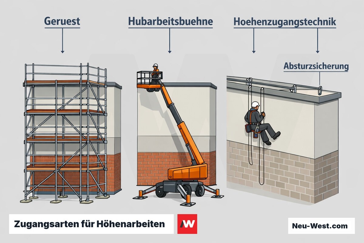 Vergleich dreier Höhenzugangsarten an einer Fassade: Gerüst, Hubarbeitsbühne und Seilzugangstechnik mit Absturzsicherung als Preistreiber.