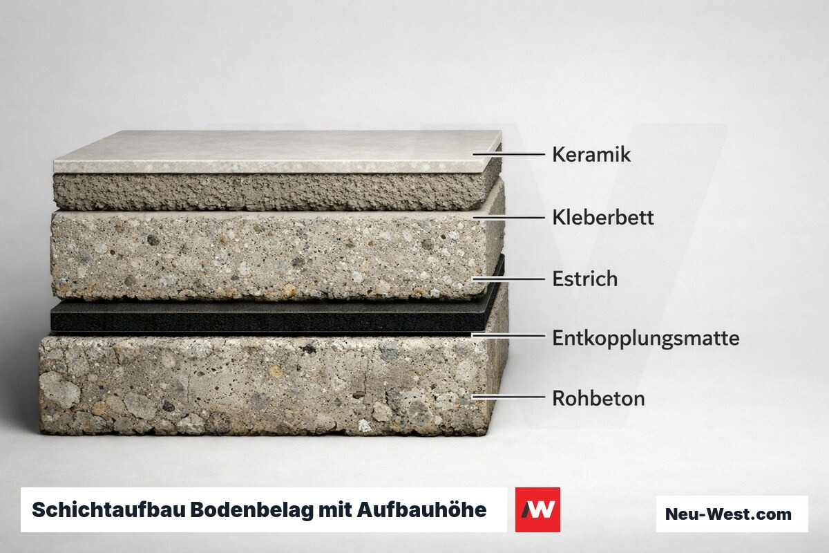 Schichtaufbau Bodenbelag mit Aufbauhöhe: Keramik bis Rohbeton – Erklär-Grafik (NEUWEST Berlin)
