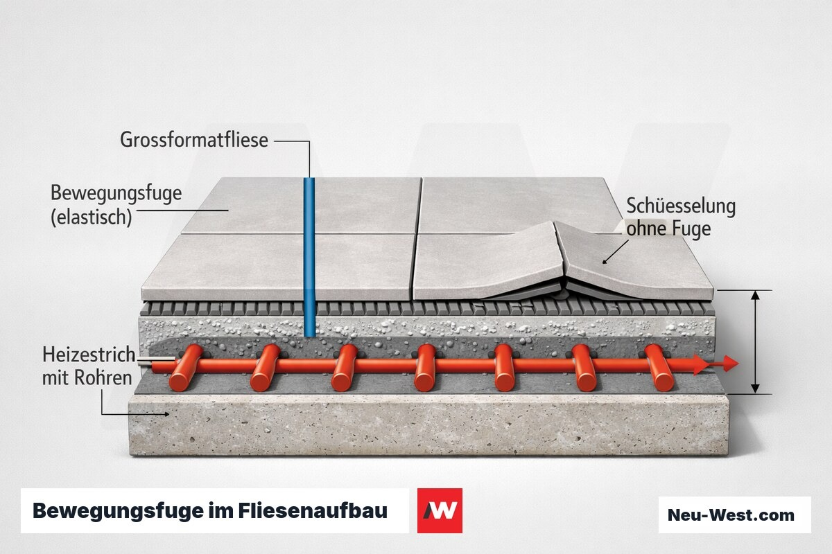 Querschnitt eines Fliesenaufbaus auf Heizestrich mit elastischer Bewegungsfuge links und aufgewölbten Fliesen ohne Fuge rechts.