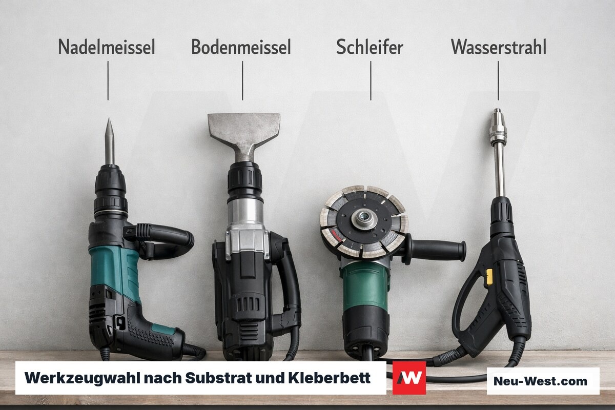 Werkzeugwahl nach Substrat und Kleberbett: Abtragsrate und Untergrundschonung – Erklär-Grafik (NEUWEST Berlin)