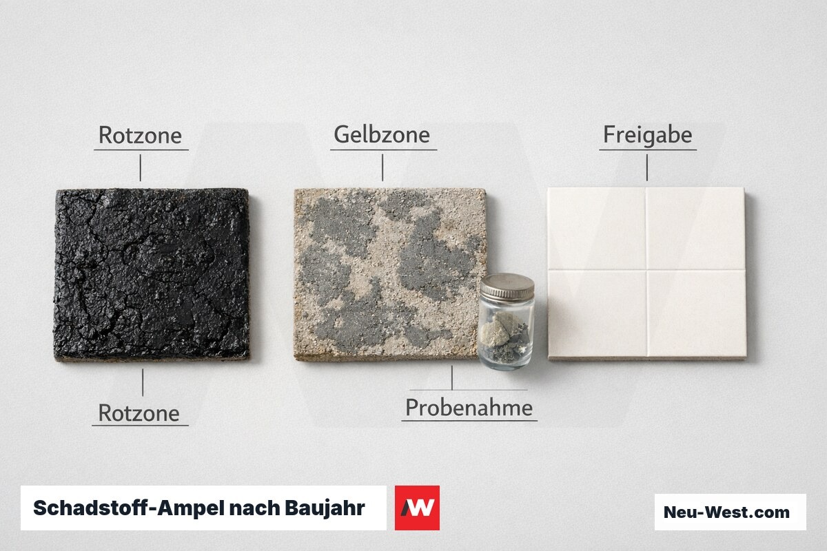 Schadstoff-Ampel nach Baujahr: PAK-Risiko und Prüfweg vor Abbruch – Erklär-Grafik (NEUWEST Berlin)