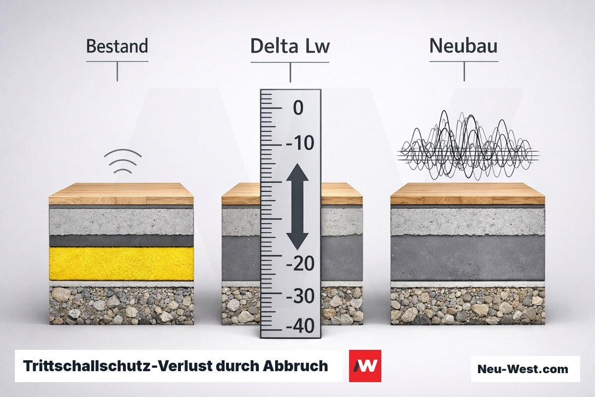 Trittschallschutz-Verlust durch Abbruch: Aufbauvarianten im Vergleich nach DIN 4109-1 – Erklär-Grafik (NEUWEST Berlin)