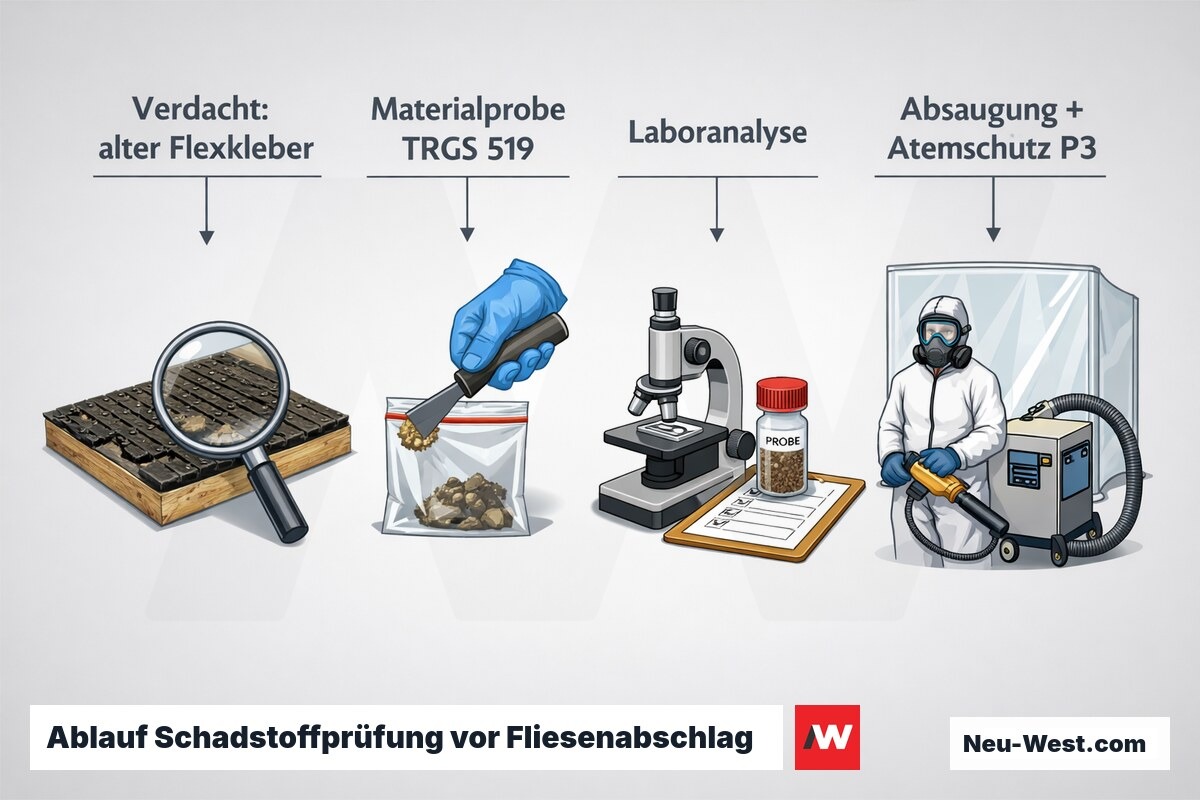 Vierstufige Erklär-Grafik: Verdacht auf PAK-/Asbestkleber, Materialprobe, Laboranalyse und Sondermaßnahmen mit Absauganlage und Atemschutz vor dem Fliesenabbruch.