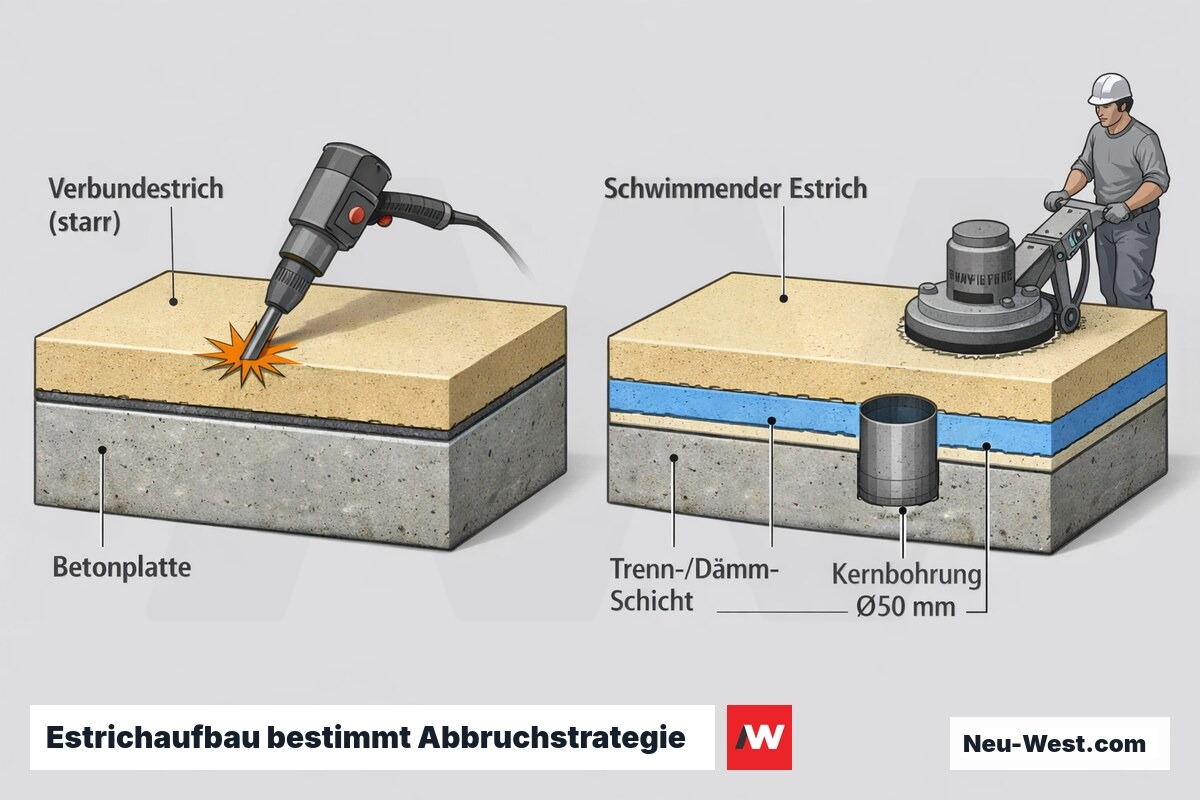 Querschnitt-Vergleich: Verbundestrich starr auf Betondecke gegen schwimmenden Estrich auf Trenn-/Dämmschicht mit Hohllage und Kernbohrung.