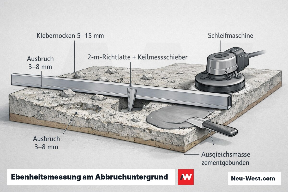 Querschnitt: Betonuntergrund mit Klebernocken und Ausbrüchen, 2-m-Latte mit Keilmessschieber, Schleifmaschine und Ausgleichsmasse nach DIN 18202.