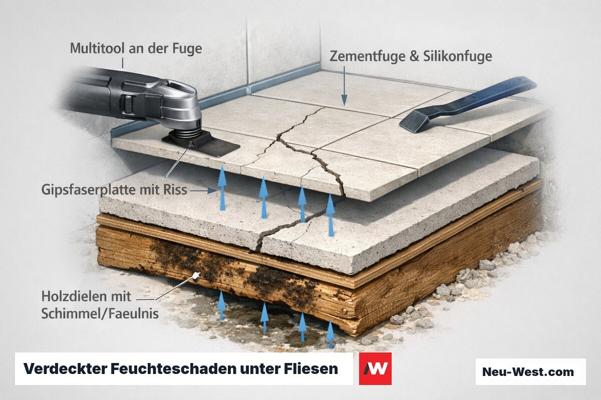 Querschnitt: Fliesen mit Zement- und Silikonfuge über gerissener Gipsfaserplatte und Holzdielen mit verdecktem Schimmel und Holzfäulnis durch eingedrungene Feuchtigkeit.