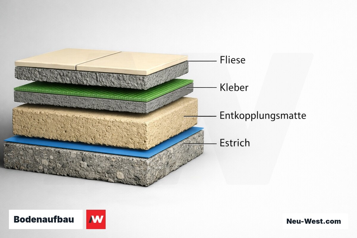 Bodenaufbau: Schichtfolge von Rohdecke bis Fliese – Erklär-Grafik (NEUWEST Berlin)