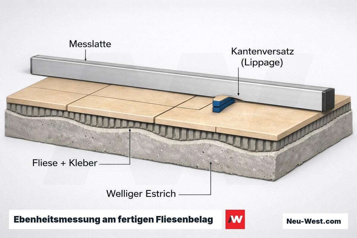 Querschnitt: Messlatte auf Fliesenbelag über welligem Estrich, mit Messkeil im Spalt und sichtbarem Kantenversatz an einer Fliesenfuge.