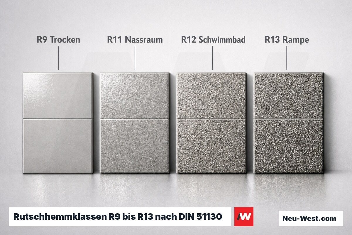 Rutschhemmklassen R9 bis R13 nach BGR 181: Nutzungsszenarien im Vergleich – Erklär-Grafik (NEUWEST Berlin)