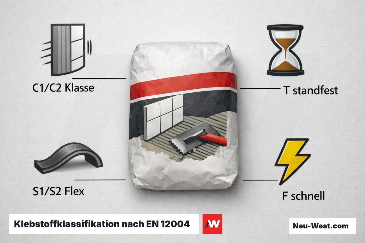 Klebstoffklassifikation nach EN 12004: Kennbuchstaben richtig lesen – Erklär-Grafik (NEUWEST Berlin)
