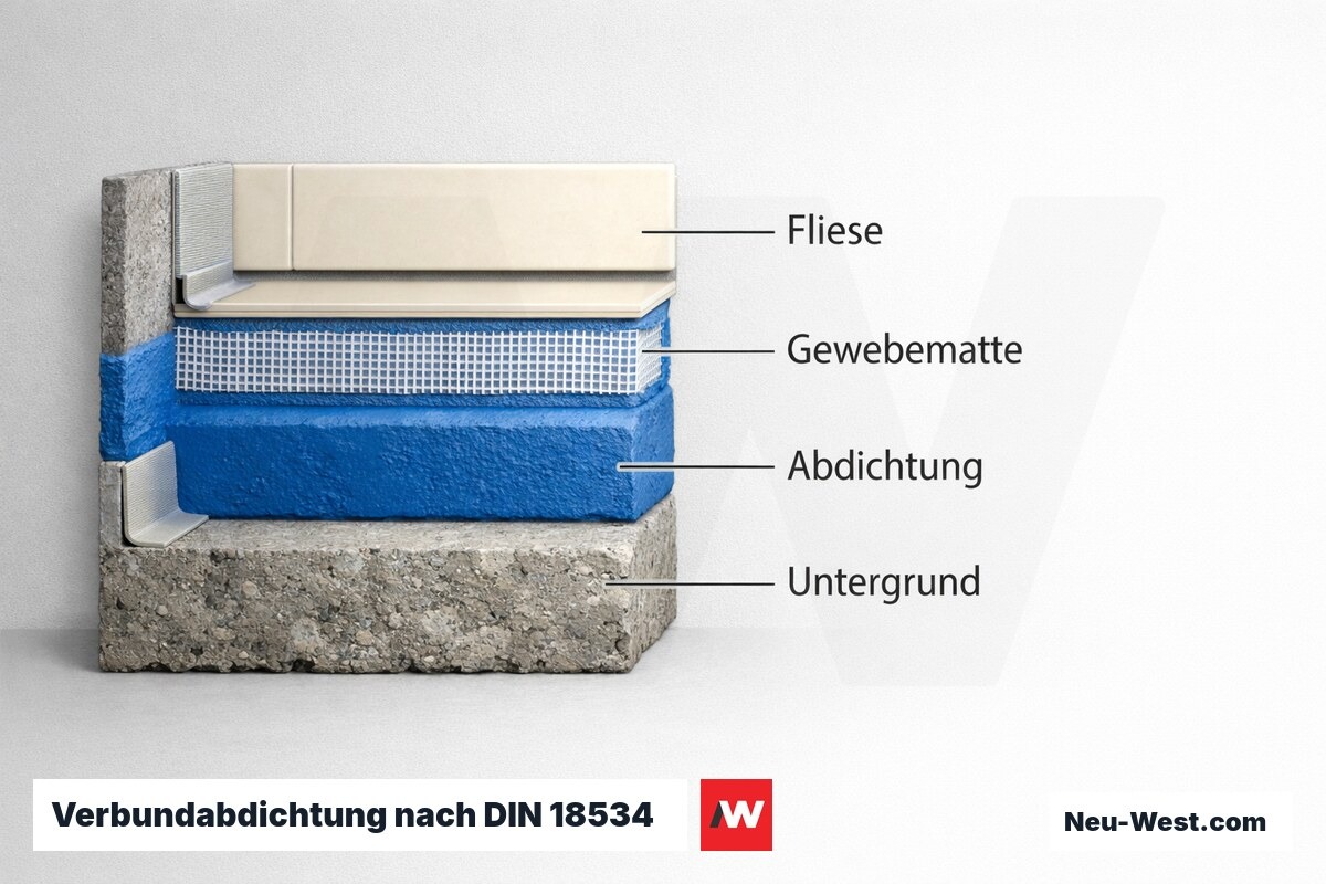 Verbundabdichtung nach DIN 18534: Schichtaufbau im Nassbereich – Erklär-Grafik (NEUWEST Berlin)