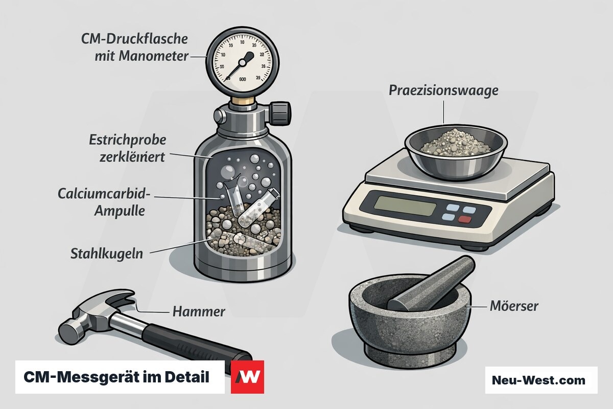 Erklär-Grafik des CM-Messgeräts: Druckflasche mit Manometer, zerkleinerte Estrichprobe, Calciumcarbid-Ampulle und Präzisionswaage zur Restfeuchtemessung.