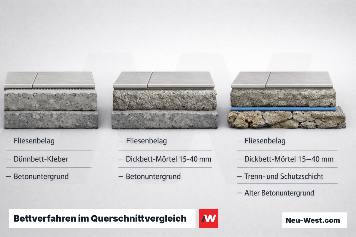 Querschnittvergleich von Dünnbett-, Mittelbett- und Dickbettverfahren bei der Fliesenverlegung mit Schichtaufbau auf Betonuntergrund.