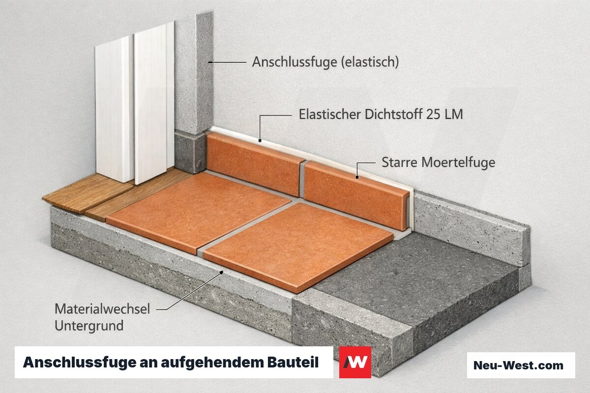 Querschnitt einer elastischen Anschlussfuge zwischen Fliesenboden und aufgehender Wand mit Dichtstoff, Türzarge und Materialwechsel im Untergrund.